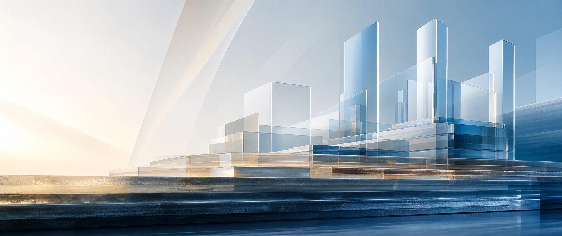 Abstract glass structures rising from solid layered foundations, representing building AI on strong groundwork